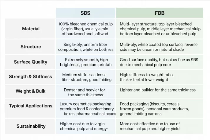 SBS vs.FBB: Como escolher o papel cartão mais adequado para embalagens SBS vs.FBB: Como escolher o papel cartão mais adequado para embalagens